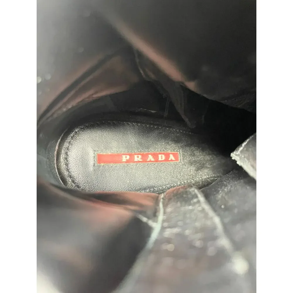 Prada Boots Moto Combat LOGO Ankle Lug Sole Platform Heels‎ Black Shoes 38.5